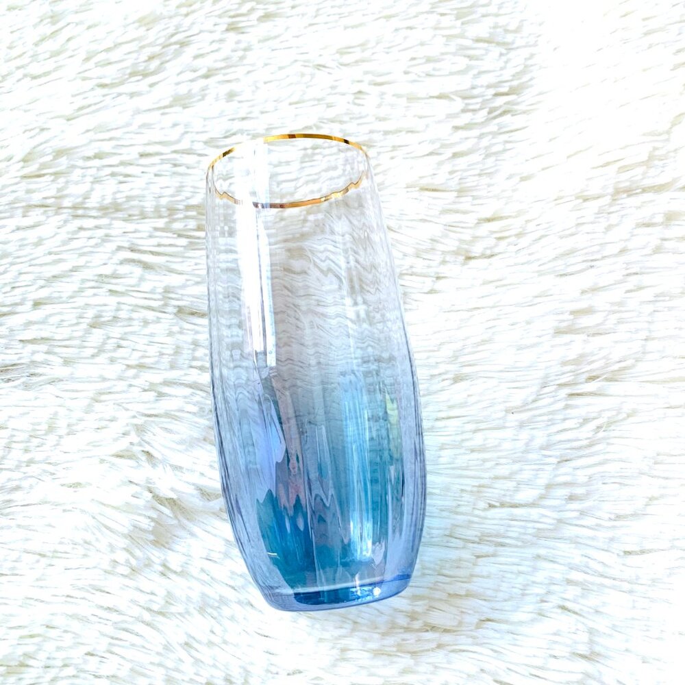 Anthropologie waterfall glasses with gold rim, blue, new